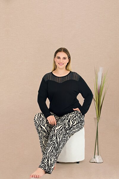 lidofya Zebra Pattern Long Sleeve Plus Size Pajama Set with Pockets