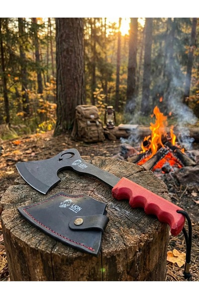 Lion Taktikal Kamp Baltası - Türk Bayrağı Motifli - Özel Deri Kılıflı Bushcra...