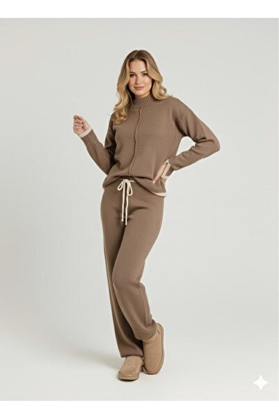 peri tower New Season Women's Knitted Textured Lace-Up Sweater-Pants Knitwear Bottom Top Set 0053