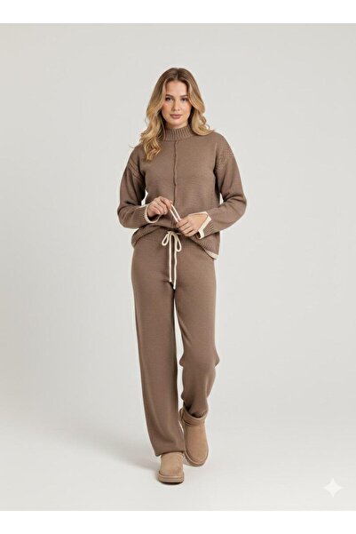 peri tower New Season Women's Knitted Textured Lace-Up Sweater-Pants Knitwear Bottom Top Set 0053