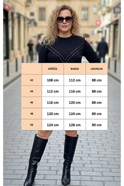 FOR ESRA BIG TREND Women's Plus Size Trok Accessory Detail Crew Neck Back Zipper Closure Scuba Suede Short Stretchy Dress