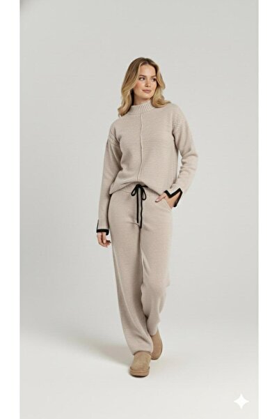 peri tower New Season Women's Knitted Textured Lace-Up Sweater-Pants Knitwear Bottom Top Set 0053