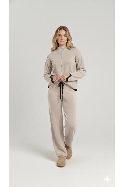 peri tower New Season Women's Knitted Textured Lace-Up Sweater-Pants Knitwear Bottom Top Set 0053