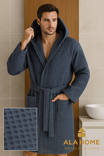 HOME ALA Waffle Desen Pike Unisex Bornoz | %100 Pamuklu Pike Bornoz | Kapişonlu