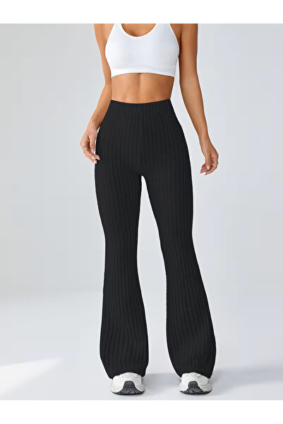 Marin Star Μαύρο κοτλέ Ψηλόμεσο καμπάνα Γυναικείο Παντελόνι, Ελαστικό Πλεκτό Ύφασμα καμπάνα Παντελόνι