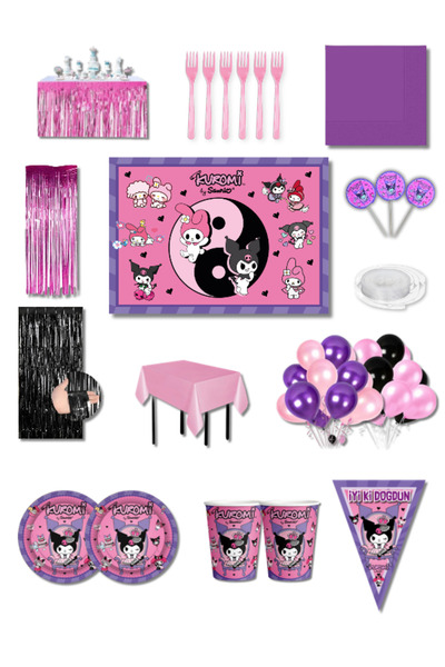 Parti Furyası Kuromi Party Set for 16 People with Banner 50X70 cm Premium | Balloon Chain with Table Skirt and Background from Kurdan