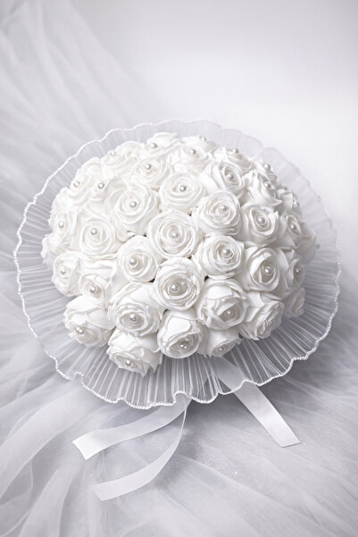 Bioren Büyük Boy İncili Beyaz Gül Kız İsteme Çiçeği Tüllü Gösterişli Söz Buketi