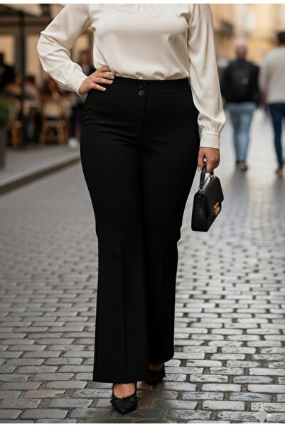 FOR ESRA BIG TREND Women's Plus Size High Waist Double Button Flared Stretchy Crepe Pants