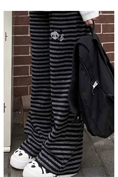 Köstebek Άνθρακα μαύρο ριγέ παντελόνι Panda ψηλόμεσο casual