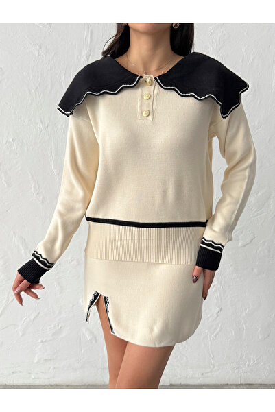 Lusin Women's Ecru Collar and Slit Detailed Blouse Mini Skirt Top and Bottom Two-Piece Knitwear Set