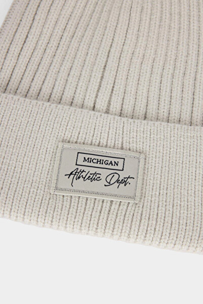 DeFacto F4131AXGR150 Γκρι ανδρικό καπέλο με ετικέτα με τύπωμα με φλις εσωτερικά