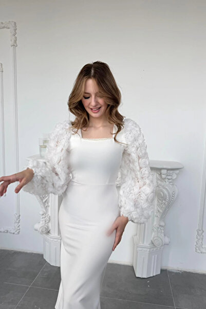 HELİS BUTİK White Dress with Pearl Neckline and Rose Applique Sleeve Detail