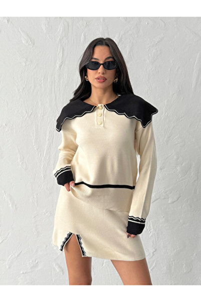 Lusin Women's Ecru Collar and Slit Detailed Blouse Mini Skirt Top and Bottom Two-Piece Knitwear Set