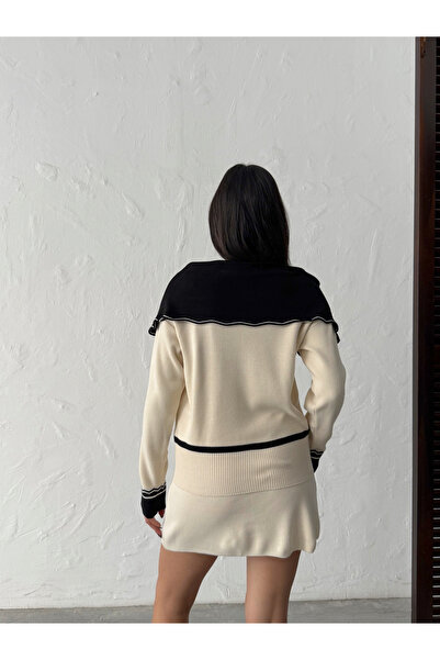 Lusin Women's Ecru Collar and Slit Detailed Blouse Mini Skirt Top and Bottom Two-Piece Knitwear Set