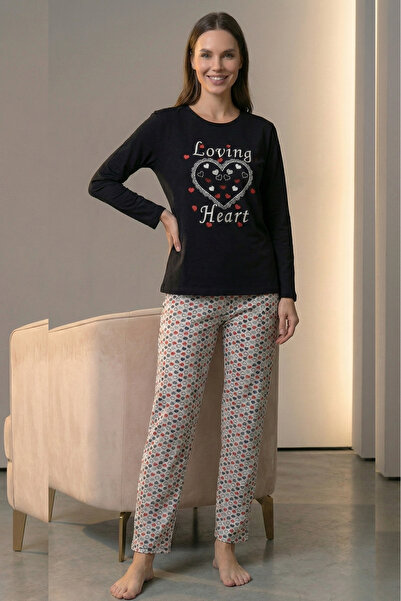 Farya Home Cotton Patterned 2 Yarn Ribbed Winter Long Sleeve Pajama Set