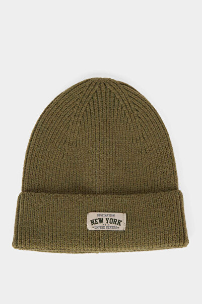 DeFacto A5067Axkh328 Khaki Men's Label Printed Knitwear Beanie