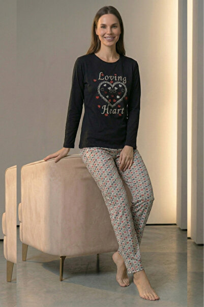 Farya Home Cotton Patterned 2 Yarn Ribbed Winter Long Sleeve Pajama Set