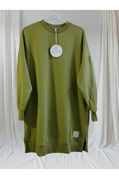 Soul Women's Olive Colored Two Thread Organic Cotton Crew Neck Above Knee Tunic 30644