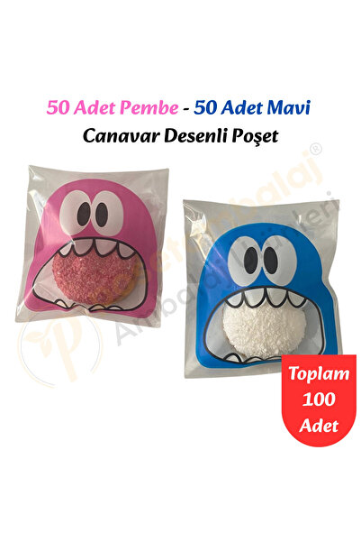 CarpCorn 100 Adet Pembe-Mavi Renkli Canavar Desenli Cake Pop & Kurabiye Poşet...