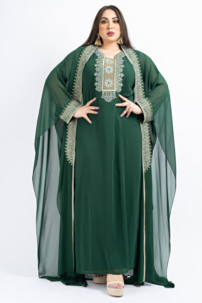 Zainah Luxury Chiffon Kaftan Jallabiya with Crystal Stone Embroidery | Elegant Evening Batwing Maxi Dress