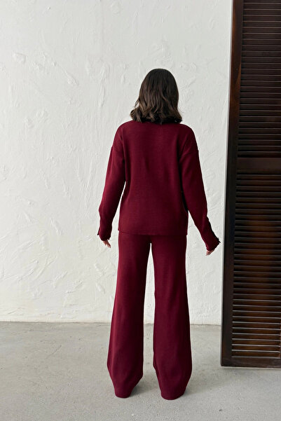 Lusin Women's Burgundy Sleeve Button Detailed Blouse Skirt Bottom Top Two-Piece Knitwear Set