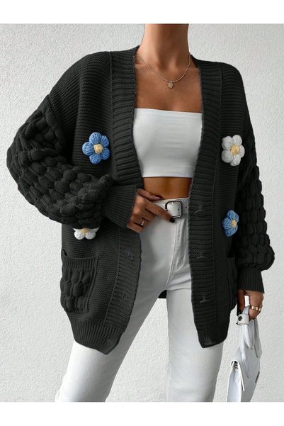 Rossida Black Cardigan with Flowers