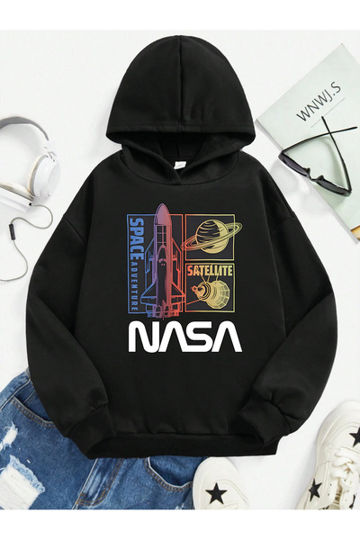 SVART WEAR سترة ناسا مطبوع مصنوعة من القطن بنسبة 100% مع جيب كنغر بغطاء رأس ل...