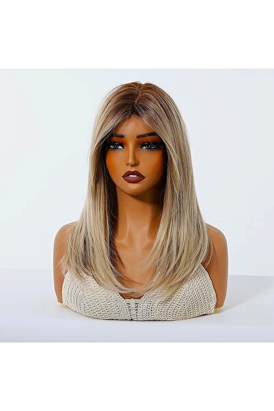 animis beauty Ash blonde wig, synthetic fiber with a look, medium straight hair, with bangs, 40 cm
