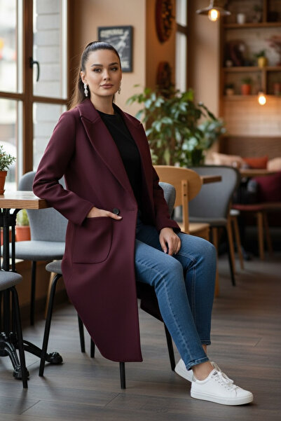 Pitti Women's Plum Cashmere Black Buttoned Black Lined Coat 70581