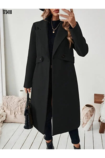 BZ Boutique Uzun Kollu Yakalı Düğmeli Cepli Midi Büyük Beden Kaşe Kaban 173418