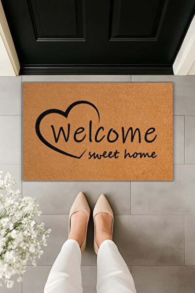 Dormot Koko Textured Door Mat - Heart-Shaped Welcome Sweet Home Written, Non-Slip Base, 45X70 cm