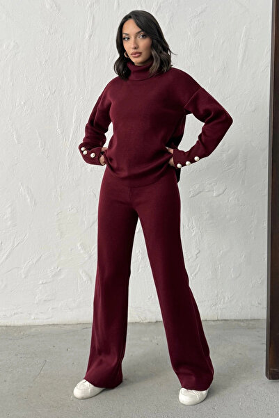 Lusin Women's Burgundy Sleeve Button Detailed Blouse Skirt Bottom Top Two-Piece Knitwear Set