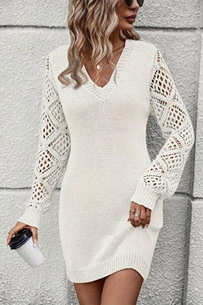 Mossta V-Neck Sleeve Detailed Mini Knitwear Dress White