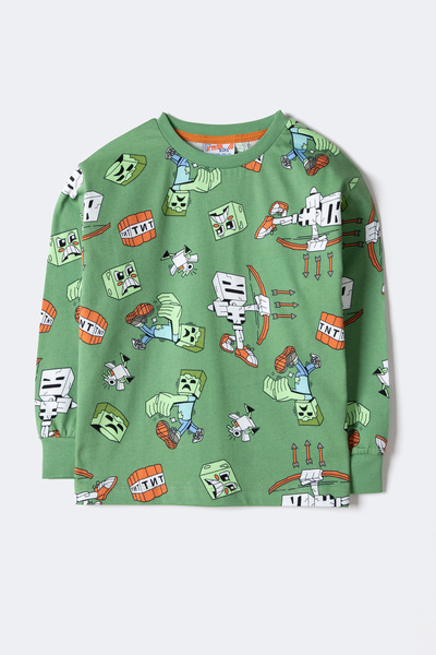 Krazber Boys' Block Monsters Patterned Long Sleeve Pajama Set – Green (3–12 Years)