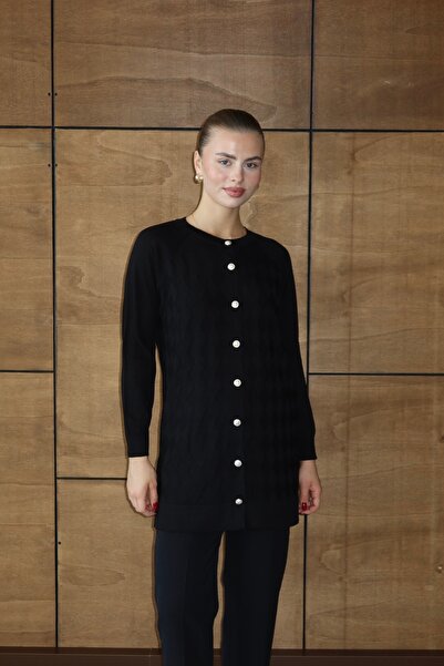 ilmek 25023 Women's Premium Knitwear Baklava Patterned Cardigan Black