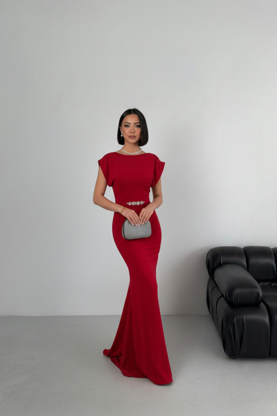 ALFUDO Moda Collection Short sleeve flounced long graduation evening dress with stone detail and belt