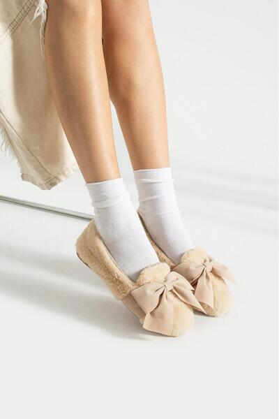 Legend Aksesuar Winter Fluffy Ribbon Bow Plush Ballerina Slippers