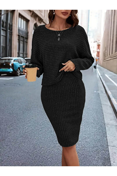 TUA MODA Tua Moda Women's Long Sleeve Two Side Open Collar Detailed Blouse and Skirt Fleece-Lined Ribbed Knit Double Piece Suit