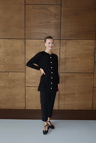 ilmek 25023 Women's Premium Knitwear Baklava Patterned Cardigan Black