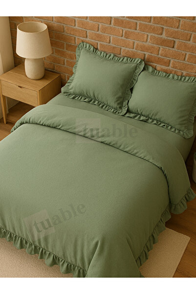 Tuable Ruffled Cotton Duvet Cover Set Double Size Green 200X220Cm