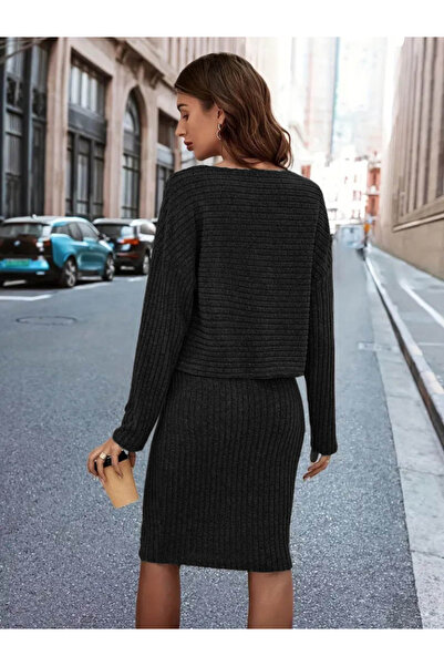 TUA MODA Tua Moda Women's Long Sleeve Two Side Open Collar Detailed Blouse and Skirt Fleece-Lined Ribbed Knit Double Piece Suit