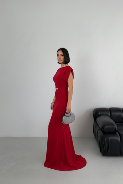 ALFUDO Moda Collection Short sleeve flounced long graduation evening dress with stone detail and belt