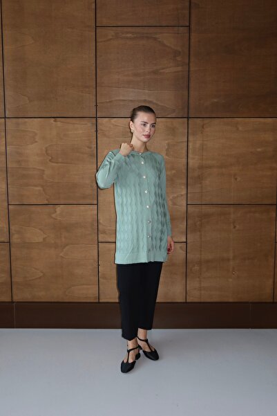 ilmek 25023 Women's Premium Knitwear Baklava Patterned Cardigan Green