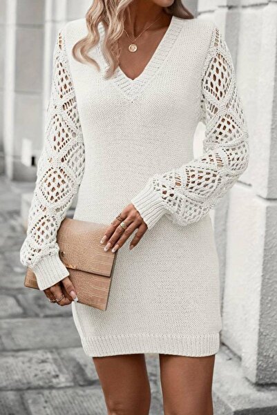 Mossta V-Neck Sleeve Detailed Mini Knitwear Dress White