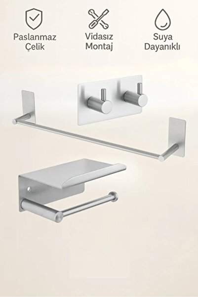 Bulutlife 3'lü Paslanmaz Çelik Yapışkanlı Havlu Askılığı ve Tuvalet Kağıtlığı...