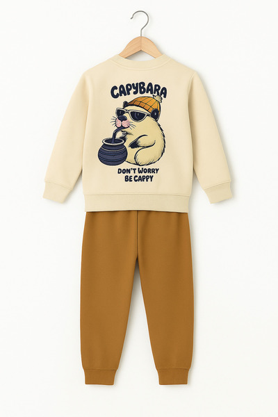 Beka Kids Girl's Capybara Front and Back Printed Brown Sweatshirt Pants Top and Bottom Set