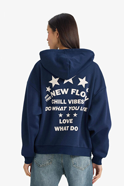 DeFacto G3875Axnv248 Navy Blue Oversized Wide Fit Hooded Back Printed Sweatshirt