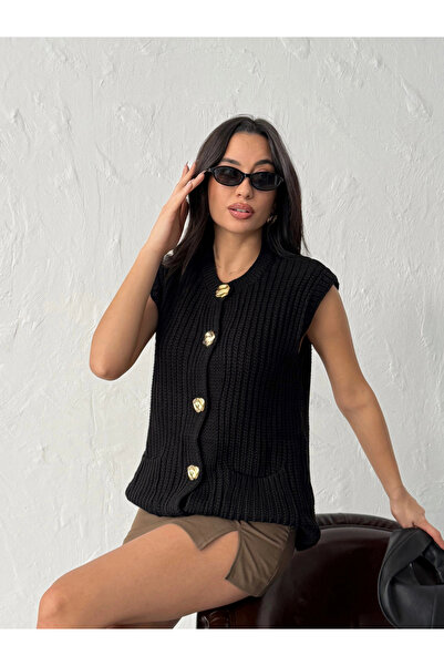 Lusin Women's Black Thick Knitted Gold Buttoned Sleeveless Knitwear Vest