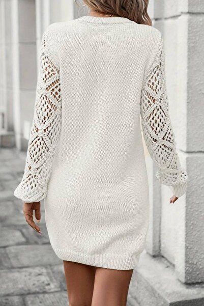 Mossta V-Neck Sleeve Detailed Mini Knitwear Dress White