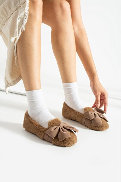 Legend Aksesuar Winter Fluffy Ribbon Bow Plush Ballerina Slippers